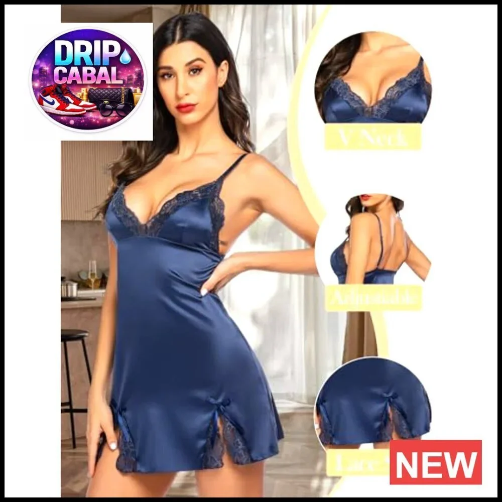 Satin Lace Mini Dress V-Neck Nightgown Sexy Boudoir Outfit Adjustable Straps